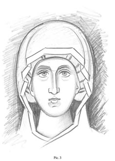 a drawing of a woman's head with a veil on her head and the words,