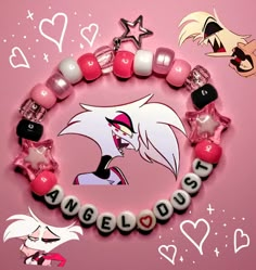 a bracelet with beads and charms that say love is in the air on a pink background