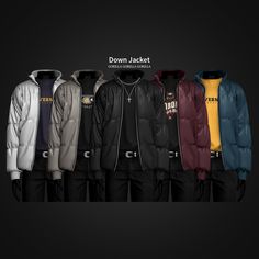 several jackets and pants with the words down jacket on them in multiple colors, all lined up against a black background