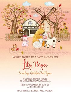 Watercolour fall baby shower invitation featuring farm animals, clipart and fall trees and an ombre rust-colour watercolour background. Farm Clipart, Watercolor Farm, Farm Baby Shower, Cowgirl Baby