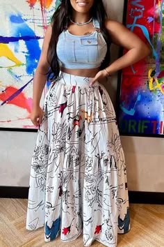 Casual Printed Loose Swing Skirt High Waisted Skirt Outfit Plus Size, High Waist Skirt With Crop Top, Plus Size Beach Outfits Vacations, Plus Size Baddie Outfits Summer, Baggy Skirt, Plus Size Beach Outfits, Plus Size White, Defined Waist, Tube Tops