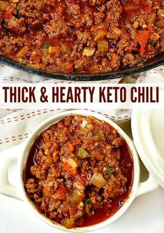 two pictures of chili and hearty keto chilli