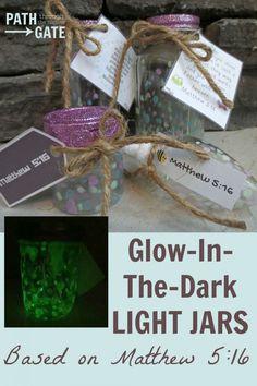 glow in the dark light jars are shown with tags and twine on each jar