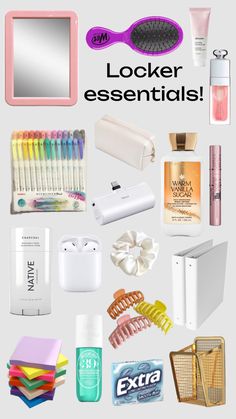 the contents of a woman's personal care kit are arranged on a white background