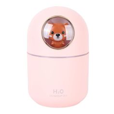 a pink humider with a brown teddy bear in it's mouth on a white background