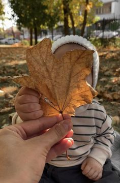 a person holding up a leaf in front of a baby's face and hand