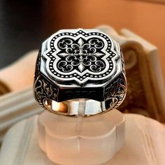 "Embossed Ring, Vintage Style, Meditation Ring, Mens Ring, Butterfly Sterling Silver Spinner, Byzantine Style, Floral Design, Handmade Sterling Silver 925 Ring \"Byzantine Style\" Floral Design face size 24.30x22.30 mm" Byzantine Style Silver Signet Ring As Gift, Luxury Engraved Byzantine Rings, Luxury Byzantine Engraved Signet Ring, Silver Byzantine Rings Hallmarked, Spiritual Sterling Silver Round Filigree Ring, Versace Ring, Byzantine Rings, Greek Ring, Horse Ring