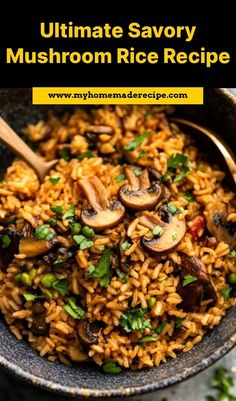 a bowl filled with rice and mushrooms