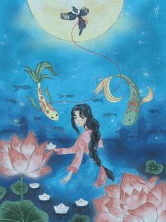 a painting of a girl flying a kite with two fish in the sky above flowers