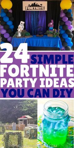 four pictures with the words 24 simple fortnite party ideas you can diy