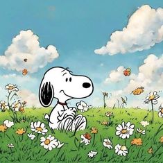 a cartoon dog sitting in the grass with daisies