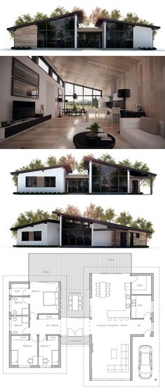 three different views of the inside and outside of a house, one with an open floor plan