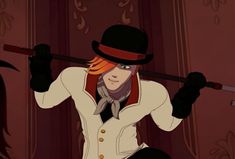 an animated image of a man in top hat and tails holding two swords over his head