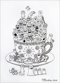 a drawing of a large cake with lots of faces on the top and bottom tier