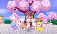 several cartoon animals standing in front of a tree with pink flowers on it's branches