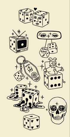 Flash sheet tattoo design mini dice gamble vintage procreate illustration digital art graphic stars phone background wallpaper Dice Cherries Tattoo, Dice Tattoo Design Ideas, Two Inch Tattoo, Fuzzy Dice Drawing, Cool Traditional Tattoos Ideas, Dice Flash Tattoo, Cool Flash Tattoo Designs, Traditional Vegas Tattoo, Simple Knuckle Tattoos