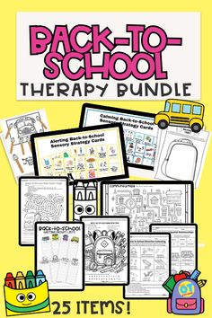 the back to school therapy bundle includes 25 items, including an activity book and coloring pages