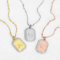 Highlight your initial on this stylish tag pendant! Bold, engraved initial is featured on a CZ-accented tag and suspended from a shimmering beaded chain. Pair with wardrobe favorites from sundresses to T-shirts for an eye-catching look. Treat yourself or give as a thoughtful birthday or holiday gift. Available in gorgeous Gold, stunning Silver or radiant Rose Gold. Personalization cannot contain any special characters, emojis or shapes. Design and images are copyright of Limoges Jewelry and may Beaded Chain Necklace, Shapes Design, Engraved Initials, Personalized Necklace, Special Characters, Beaded Chain, Personalized Jewelry, Holiday Gifts, Initials