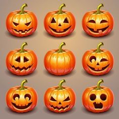 a set of pumpkins with faces carved into them, all in different shapes and sizes