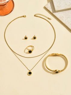 5pcs Stainless Steel Jewelry Set - Roman Black Stone Necklace, Great Wall Bangle, Rhinestone Open Ring, Earrings, Everyday Wear For Women Gold + Black    Stainless Steel     Women Fashion Jewelry, size features are:Bust: ,Length: ,Sleeve Length: Gold Plated Round Jewelry Sets, Tarnish Resistant Stainless Steel Jewelry For Party, Minimalist Round Alloy Jewelry, Black Round Gold-plated Jewelry, Round Black Gold-plated Jewelry, Black Stainless Steel Jewelry For Jewelry Making, Black Round Metal Jewelry, Black Costume Jewelry Sets As A Gift, Black Costume Jewelry Sets For Gift