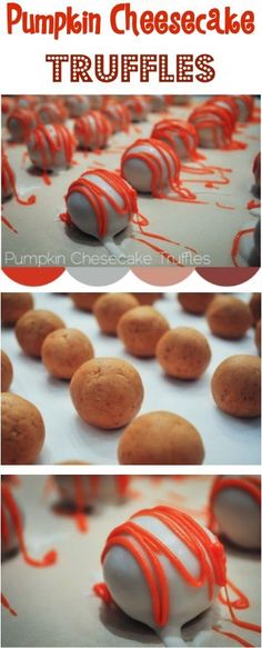 pumpkin cheesecake truffles are covered in red and white icing