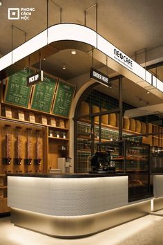 the interior of a coffee shop with lots of counter space