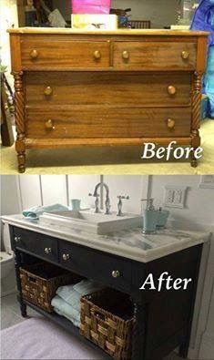 before and after photos of a bathroom vanity