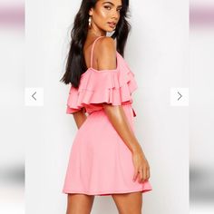 Boohoo Coral Skater Dress, Size 10, 33.5" From Top To Bottom, New Pink Off-shoulder Mini Dress With Ruffle Hem, Off-shoulder Pink Mini Dress With Ruffle Hem, Casual Pink Ruffle Dress For Party, Pink Casual Mini Length Ruffle Dress, Casual Pink Mini Ruffle Dress, Casual Cold Shoulder Party Dress, Casual Pink V-neck Ruffle Dress, Party V-neck Sundress With Ruffles, Party Sundress With V-neck And Ruffles