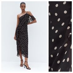 Nwt. Zara Black/White Polka Dots Ruffled Asymmetric Midi Dress With Back Zipper Closure, Front Vent, Lined. Size M. Ref. 8215/313. Pit To Pit 16" Flat, Waist 15", Length 55". 1030. Black Midi Dress With Asymmetrical Neckline For Summer, Chic Polka Dot Midi Dress With Ruffles, Chic Summer Midi Dress With Polka Dot Pattern, Chic Polka Dot Summer Midi Dress, Chic Polka Dot Midi Dress For Summer, Polka Dot Maxi Dress For Summer Evenings, Summer Evening Polka Dot Maxi Dress, Chic Polka Dot Maxi Dress For Party, Elegant Polka Dot Midi Dress For Summer