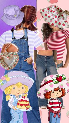 two girls in overalls and hats are standing next to each other with their hands on their hips