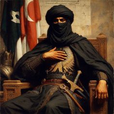 a painting of a man with a black head covering sitting on a chair in front of two flags