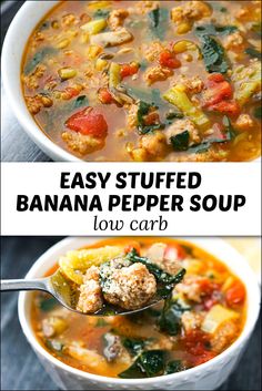 two bowls of easy stuffed banana pepper soup, one with meatballs and spinach