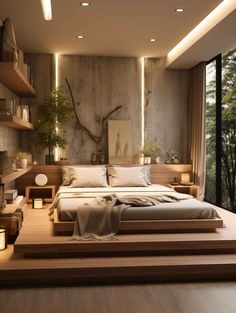 a bed sitting on top of a wooden platform in a bedroom next to a window