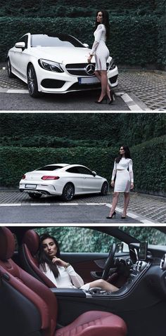 two different shots of a woman in a white dress standing next to a mercedes car