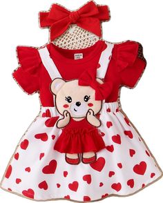 Cute Red Sets For Spring, Cute Red Valentine's Day Dress, Red Suspenders, Suspender Skirt, Cute Bear, Bear Pattern, Romper With Skirt, Cute Bears, Baby Patterns