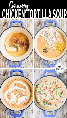 four pictures showing how to make creamy chicken tortilla soup