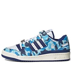 adidas BAPE x Forum Low 84 '30th Anniversary - Blue' ID4772 Blue Skate Shoes With Three Stripes And Round Toe, Blue Three Stripes Skate Shoes With Round Toe, Blue Low-top Sneakers With Three Stripes, Adidas Blue Sneakers With Three Stripes, Blue Sporty Sneakers With Three Stripes, Blue Skate Shoes With Three Stripes For Streetwear, Blue Low-top Sneakers With Three Stripes Branding, Blue Streetwear Sneakers With Three Stripes, Blue Sneakers With Three Stripes Branding