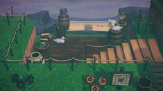 an animated scene with barrels and other items on the ground