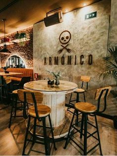 the interior of an italian restaurant with wooden stools and round table in front of it