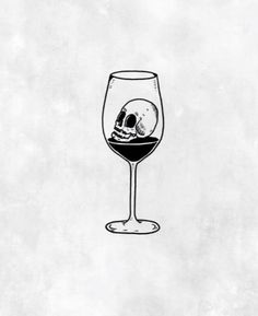 a drawing of a wine glass with a skull in it