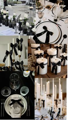 black and white wedding decor with candles, plates, napkins and centerpieces