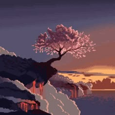 a pixellated image of a tree on top of a mountain with water in the background