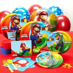 mario birthday party supplies including balloons, plates and napkins