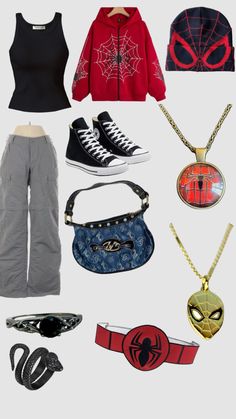 various items are arranged in the shape of a spider - man head, sunglasses, and handbag