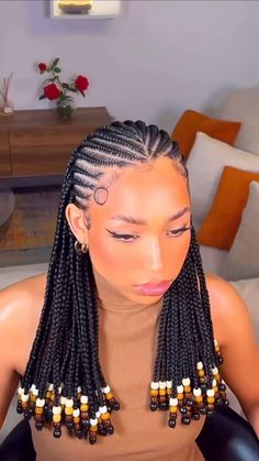 Braids And Box Braids Hairstyles, Braided Front Box Braids In The Back, Braids For Black Women Fulani, African Braids With Beads, Cornrow And Single Braids Hairstyles, New Hairstyles 2024, Fulani Braids Shoulder Length, Styles For Fulani Braids, All Back And Base Hairstyle