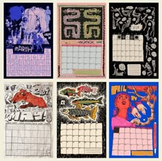 four calendars with images of people and animals on them