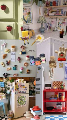 there are many magnets on the wall in this kitchen