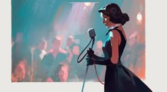 a painting of a woman in a black dress holding a microphone and singing into a mic