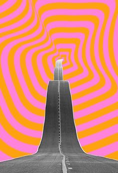 a road going through a tunnel with an orange and pink background