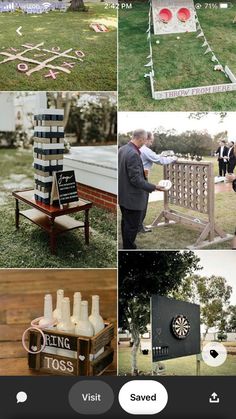 several different pictures of people playing games in the grass with beer bottles and wine glasses